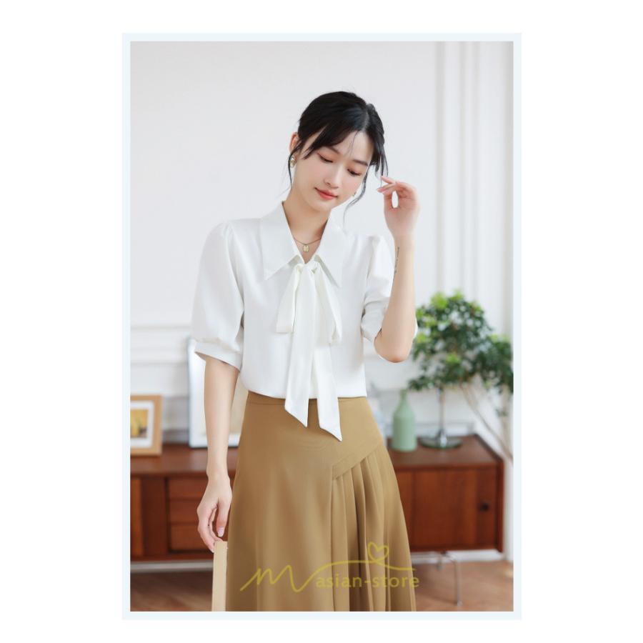 シャツ・ブラウス | シフォンブラウス 半袖 レディース シフォン ブラウス 白 青 フォーマル 開襟 服 バブルスリーブ 蝶結び 着痩せ 春 韓国風 通勤 おしゃれ 女性 上品 夏