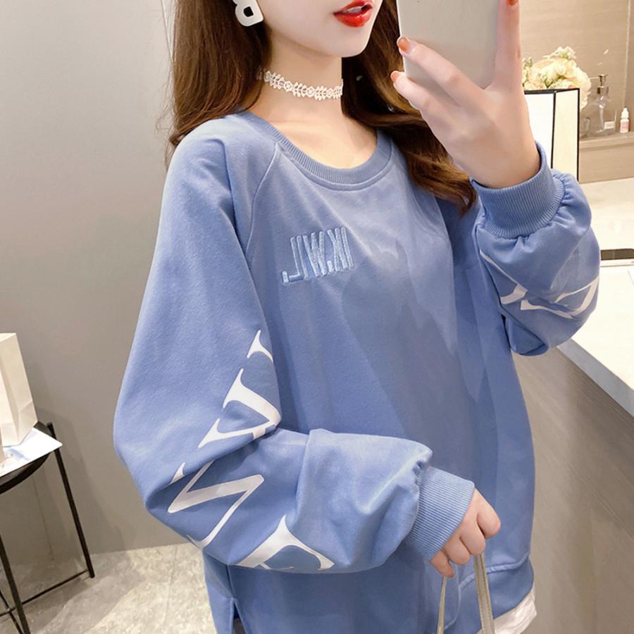 パーカ | カジュアル体型カバー レディース 韓国風 トップス ゆったり パーカートレーナー 長袖 スウェット チュニックロンT レイヤード風