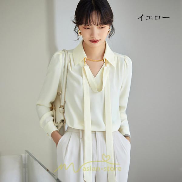 シャツ・ブラウス | ブラウス レディース シャツ トップス Vネック 長袖シャツ 無地 オフィス カジュアル おしゃれ シフォン 着痩せ OL リボン 通勤 20代30代40代50代