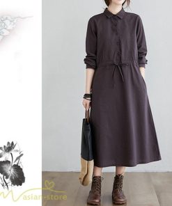 ワンピース | 長袖綿麻Aラインレディース ロングミモレ丈 無地 シャツカワイイ 大人 ワンピ