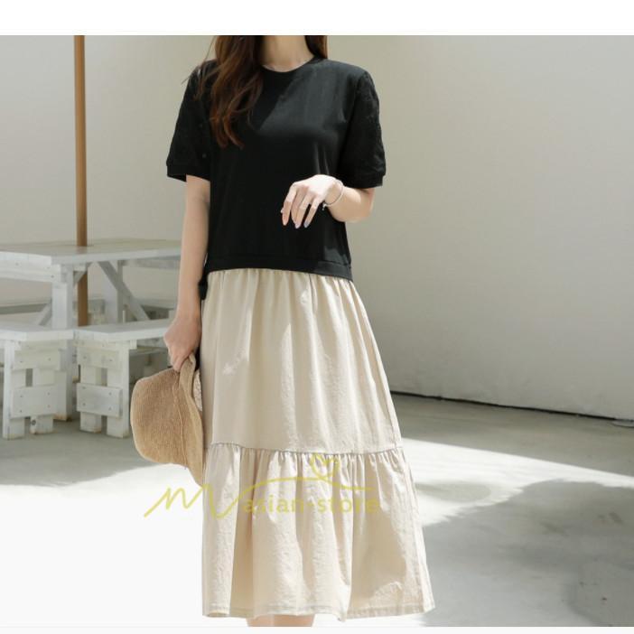 マキシ | 新作 ワンピース ロング丈 半袖 ロンTワンピース 夏ワンピ ロング丈 レイヤード風 異素材切替 ラウンドネック 体型カバー 無地 ゆったり 着痩せ 40代 50代 30代