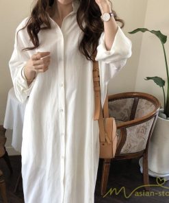 ワンピース | 長袖ロングシャツ20代30代 羽織り 無地 秋物 レディース ロングミモレ丈 大人 綿シャツ ワンピース ママ カジュアル 40代50代