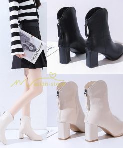 ショートブーツ | ブーティー ブーツ レディース シューズ 靴 太ヒール チャンキーヒール 合皮ブーツ PUブーツ くつ 春秋冬 美脚 黒靴 後ろファスナー 大人