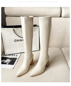 ロングブーツ | ポインテッドトゥレディース チャンキーヒール サイドファスナー バイカラー ミドルヒール 太ヒール 合皮ブーツ ロングブーツ ブーツ 無地