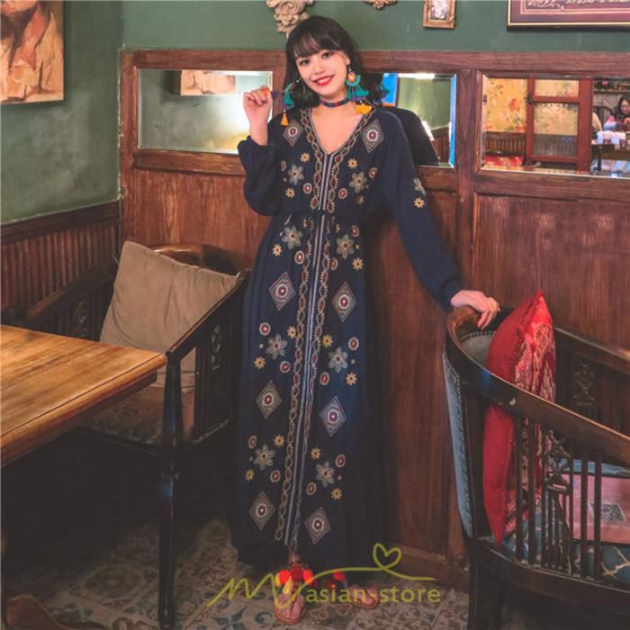 マキシ | ワンピース 長袖 レディース ロング丈 マキシ丈 綿麻 コットン リネン Aライン ゆったり 体型カバー 大人 可愛い 海外旅行 秋 夏 エスニック ナチュラル 春