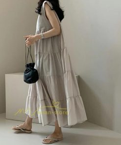 マキシ | ワンピース Aラインノースリーブマキシ丈ワンピース ビッグシルエット 無地 レディース ロング丈 体型カバー カジュアル 麻 綿 ゆったり 20代30代40代