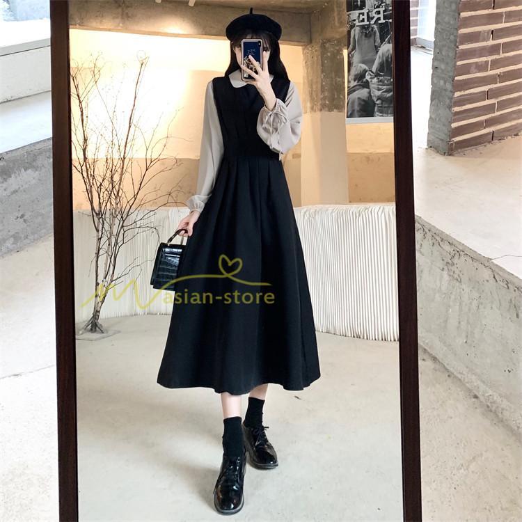 マキシ | ドッキングワンピース レイヤード風ワンピース ロングワンピース Aラインワンピース フェイク 切り替え 秋 レディース 30代40代50代 長袖ワンピ ワンピ