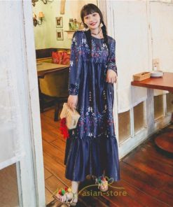 マキシ | ロングワンピース レディース  夏 秋 リゾート ルームワンピース 長袖 ゆったり ロング丈 旅行用 バブルスリーブ かわいい 後ボタン付き レトロ風 丸首