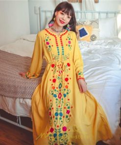 マキシ | ワンピース コットン 長袖ワンピース カジュアル ゆったり ナチュラル シンプル 可愛い 夏 秋 エスニック Vネック 鎖骨 レトロ 黄色 刺繍 白 青 三色展開