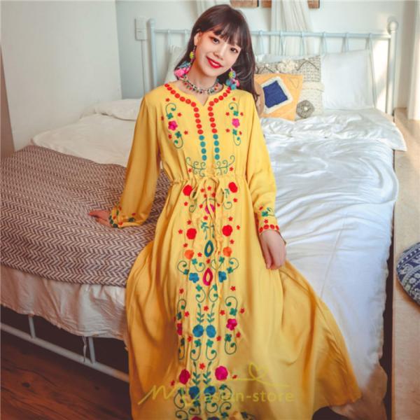 マキシ | ワンピース コットン 長袖ワンピース カジュアル ゆったり ナチュラル シンプル 可愛い 夏 秋 エスニック Vネック 鎖骨 レトロ 黄色 刺繍 白 青 三色展開