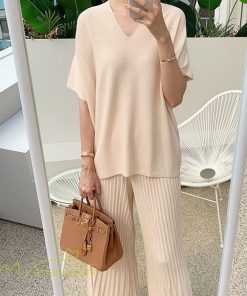 送料無料SALE | セットアップ ニット トップス パンツ ストレッチ 涼感 夏ニット 半袖 九分丈 ウエストゴム レディース 2点セット 30代40代 無地 ゆったり Vネック 上品