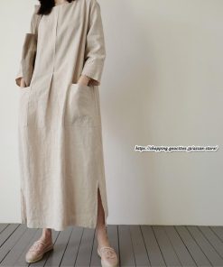 マキシ | ワンピース 長袖 九分丈 綿麻ワンピース ロングワンピース ミモレ丈 無地 ビッグポケット 夏秋物 無地 30代50代 ゆったり 大人 マタニティ ゆるシルエット