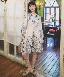 ミニ丈 | ワンピース ひざ丈 膝上 着映え 着痩せ 長袖 ゆったり 大人っぽ 普段使い 旅行 部屋着 お出かけ ベージュ 青 かわいい きれいめ 花柄 SNS映え リゾート レトロ風