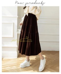スカート | ロングティアードAラインミモレ丈 フレアビロードウエストゴム ハイウエスト 秋冬 無地 ゆったり
