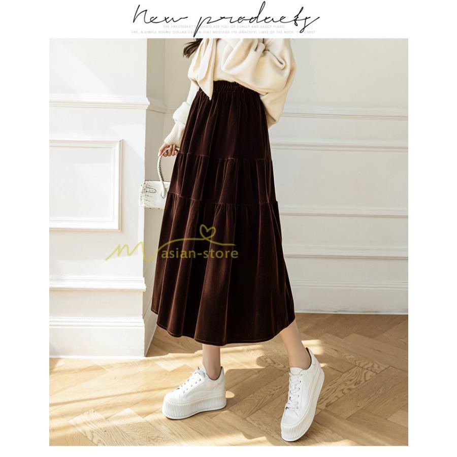 スカート | ロングティアードAラインミモレ丈 フレアビロードウエストゴム ハイウエスト 秋冬 無地 ゆったり