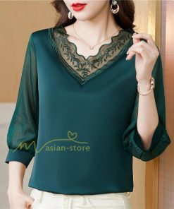 tシャツ・カットソー | Tシャツ レディース 7分袖 七分袖 カジュアル Vネック おしゃれ 女性用 シンプル 無地 ブラック 着痩せ レース付き シフォンシャツ 母の日 20代30代40代50代