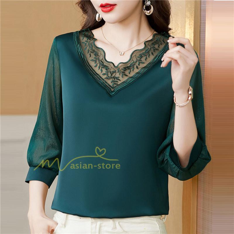 tシャツ・カットソー | Tシャツ レディース 7分袖 七分袖 カジュアル Vネック おしゃれ 女性用 シンプル 無地 ブラック 着痩せ レース付き シフォンシャツ 母の日 20代30代40代50代