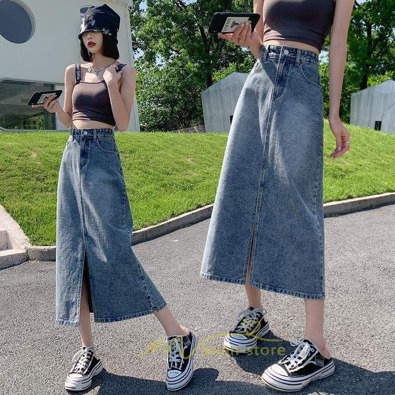 スカート | フロントスリット入れデニム秋物 レディース ロング丈 ハイウエスト タイトAライン美ライン 通学通勤 フェミニン 大人 おしゃれ