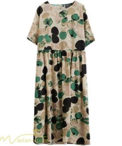 マキシ | Aラインワンピース レディース フリーサイズ 着痩せ プリント 5分袖 クルーネック 麻 綿 リネン 体型カバー ゆったり 薄手 サマーワンピース 夏コーデ