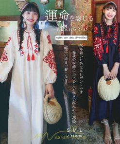 マキシ | 花柄ワンピース 丸首  リゾート ワンピース レディース 長袖 夏秋 ロング丈 マキシ丈 大人 上品 刺繍 綿麻 二次会 女子会 旅行 お出かけ コットン バカンス