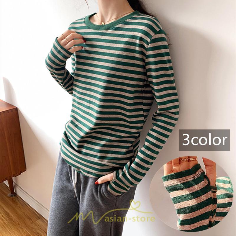 tシャツ・カットソー | 春物 レディース Tシャツ カットソー 長袖 トップス 綿 ボーダー シンプル プルオーバー リブ 柔らか 美ライン スリム ストレッチ 丸ネック 微伸縮 20代30代