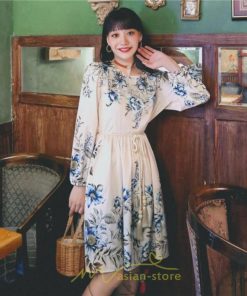 ミニ丈 | ワンピース ひざ丈 膝上 着映え 着痩せ 長袖 ゆったり 大人っぽ 普段使い 旅行 部屋着 お出かけ ベージュ 青 かわいい きれいめ 花柄 SNS映え リゾート レトロ風