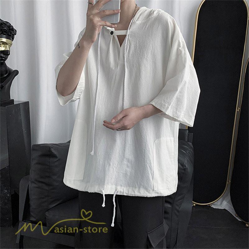 Tシャツ | トップス メンズ カットソー パーカー フード付き カジュアル 無地 7分丈 ゆったり 大きいサイズ 20代 30代 夏新作 ルームウェア 体型カバー シンプル
