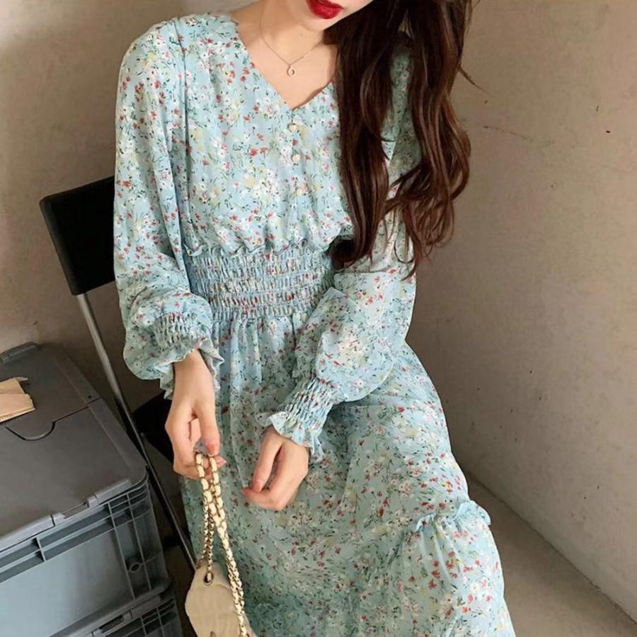 ワンピース | ウエストシャーリング花柄ロングワンピース