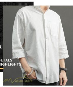 シャツ | 夏メンズ 麻 綿 カジュル 7分丈 カッコイイ ワイドゆったり 夏コーデ 新作 サマー風 スタンドカラー 日常感 無地 5XL ボタン 上品 大きいサイズ
