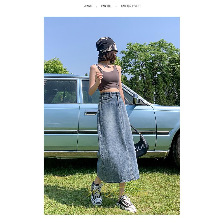 スカート | フロントスリット入れデニム秋物 レディース ロング丈 ハイウエスト タイトAライン美ライン 通学通勤 フェミニン 大人 おしゃれ