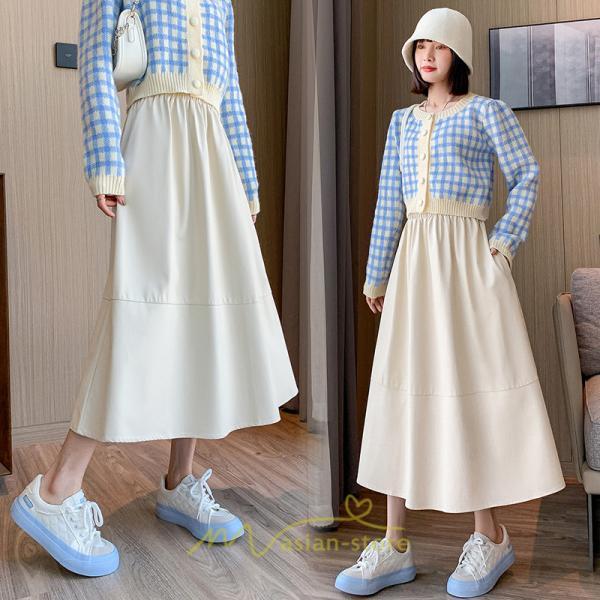 スカート | Pu秋冬 合皮ロングウエストゴム Aラインゆったり 体型カバー ハイウエスト 大人 無地 通学通勤 フレア 広い幅 可愛い