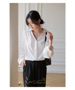 シャツ・ブラウス | ブラウス レディース シャツ トップス Vネック 長袖シャツ 無地 オフィス カジュアル おしゃれ 秋 冬 コーデ 高級感 シフォン エレガント 緑 白 通勤