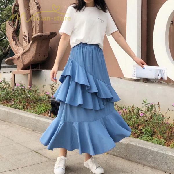 スカート | Aライン フレア裾 不規則アシンメトリー シフォン 韓国風 ティアード フリーサイズ 2020夏コーデ プリーツフレア ウエストゴム ハイウエスト