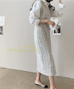 マキシ | ワンピース ノースリーブ Vネック ミモレ丈 ツイードワンピース スリット キラキラ 美ライン 女シルエット エレガント 秋物 レディース 秋冬 フェミニン