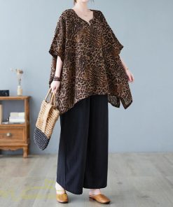 ｔシャツ・カットソー | カットソー レディース Tシャツ Vネック 5分袖 ヒョウ柄 レオパード 20代 30代 着痩せ 体型カバー ゆったり トップス 夏物 フリーサイズ 50代 40代 Vネック