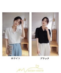 シャツ・ブラウス | トップス ブラウス 半袖 シャツ レディース オフィス フォーマル 白 黒 開襟 二重襟 バブルスリーブ 着痩せ フランス風 仕事服 クラシック 無地 通勤 大人 上品