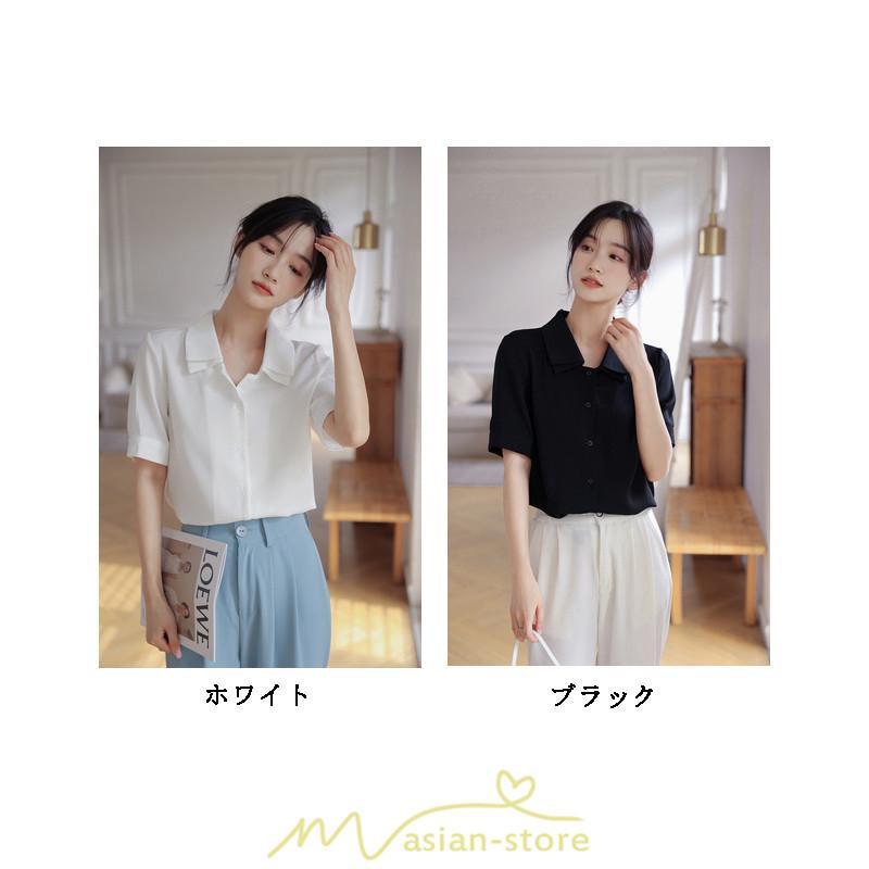 シャツ・ブラウス | トップス ブラウス 半袖 シャツ レディース オフィス フォーマル 白 黒 開襟 二重襟 バブルスリーブ 着痩せ フランス風 仕事服 クラシック 無地 通勤 大人 上品