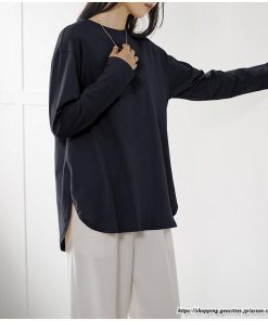 tシャツ・カットソー | Tシャツ Tシャツ コットン長袖オーバーサイズ裾ラウンドTシャツ レディース 綿Tシャツ 長袖Tシャツ クルーネック 秋物 ミドル丈 無地 丸首 長袖