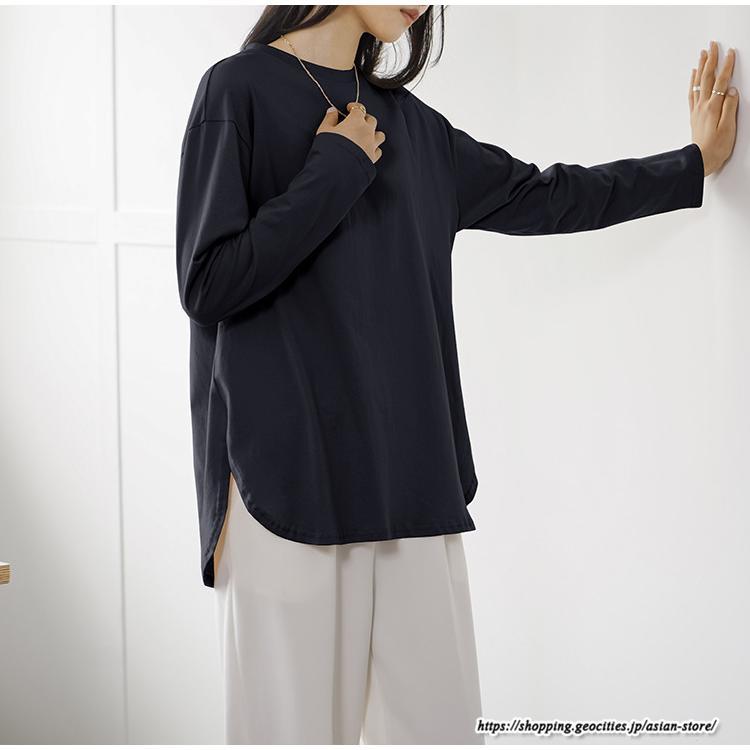 tシャツ・カットソー | Tシャツ Tシャツ コットン長袖オーバーサイズ裾ラウンドTシャツ レディース 綿Tシャツ 長袖Tシャツ クルーネック 秋物 ミドル丈 無地 丸首 長袖