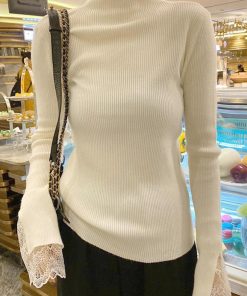 ニット・セーター | フェミニン 秋 スリムフィット 長袖 リブニットトップス レディース 袖レース 冬 細見 ニットセーター ハイネック ニットソー