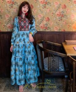 マキシ | ワンピース 七分袖 レディース 夏服  秋服 ロングワンピース マキシ丈 Vネック 民族風 エスニック風 体型カバー カジュアル お洒落 レトロ ハイウエスト