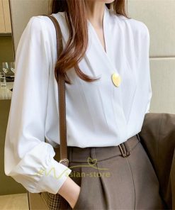 シャツ・ブラウス | ブラウス レディース 長袖ブラウス 春秋 オフィスブラウス 白vネック オシャレブラウス シフォントップス 韓国風 大人 上品 40代 ゆったりシャツ 通勤OL 50代