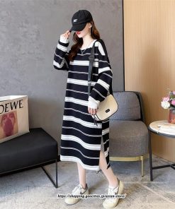 マキシ | ワンピース レディース 秋 秋服 綿コットン ボーダー柄 コットン ワンピース 長袖ボーダー ロングワンピース サイドスリット 20代 40代 30代 50代