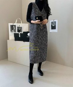 マキシ | ワンピース ノースリーブ Vネック ミモレ丈 ツイードワンピース スリット キラキラ 美ライン 女シルエット エレガント 秋物 レディース 秋冬 フェミニン