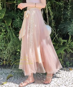 スカート | フレア チュールレディース ロングウエストゴム 春夏 リボン マキシ ドッキング 20代30代40代 着痩せ カジュアル お出かけ