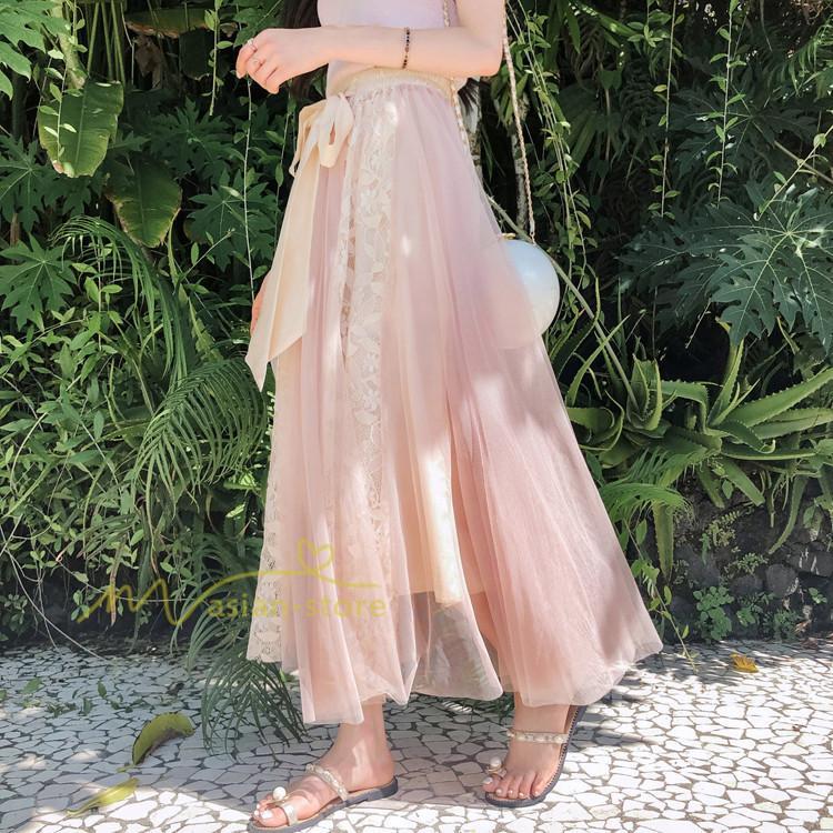 スカート | フレア チュールレディース ロングウエストゴム 春夏 リボン マキシ ドッキング 20代30代40代 着痩せ カジュアル お出かけ