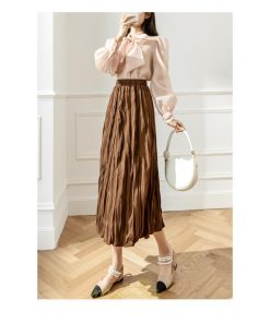 スカート | ロング 秋 秋服 レディース ボトムス ロングフレア プリーツ裏地付き キレイめ オシャレ 着痩せ 可愛い ウエストゴム フェミニン