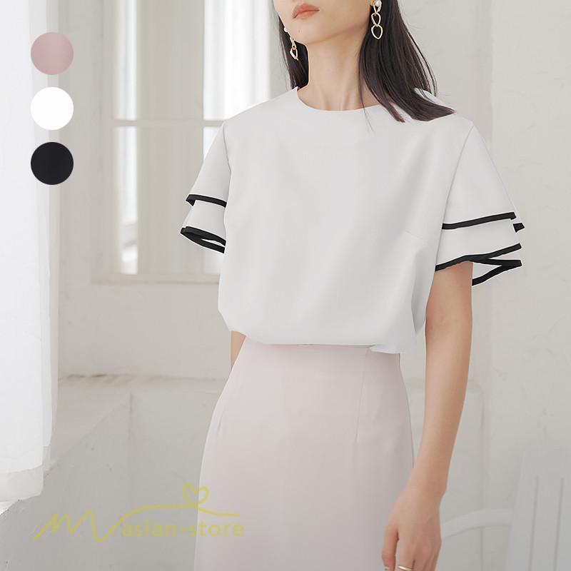 tシャツ・カットソー | トップス Tシャツ レディース 半袖 クルーネック ゆったり おしゃれ ブラウス 着痩せ 春 夏 秋 新作 L M 可愛い スカラップ袖 カジュアルTシャツ 無地