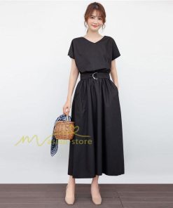 送料無料SALE | ロングワンピース 夏ワンピース 半袖 無地 フレアワンピース Vネック ベルト付き ゴム 女っぽい お呼ばれワンピース 大人 30代40代 ワンピ パーティー