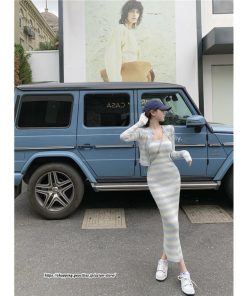 カーディガン | ニットワンピース リブニット トップス キャミワンピース ボーダー ニット 長袖 タイト ニットワンピース スリム セクシー 20代